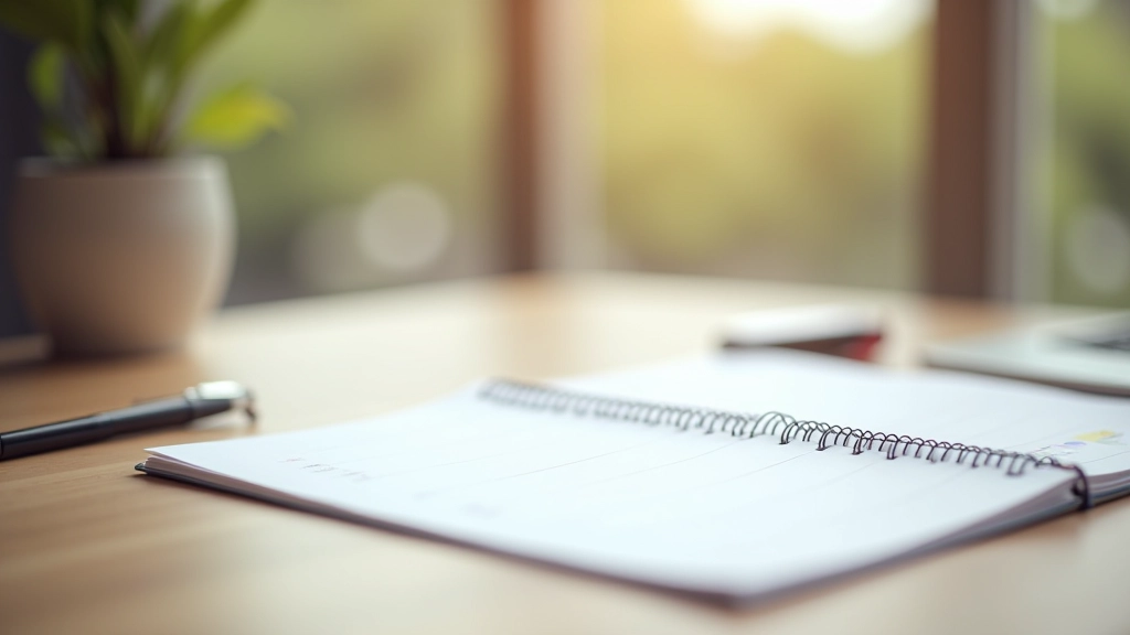 Desk calendar and pen on wooden surface, morning light, organized workspace, weekly planner visible