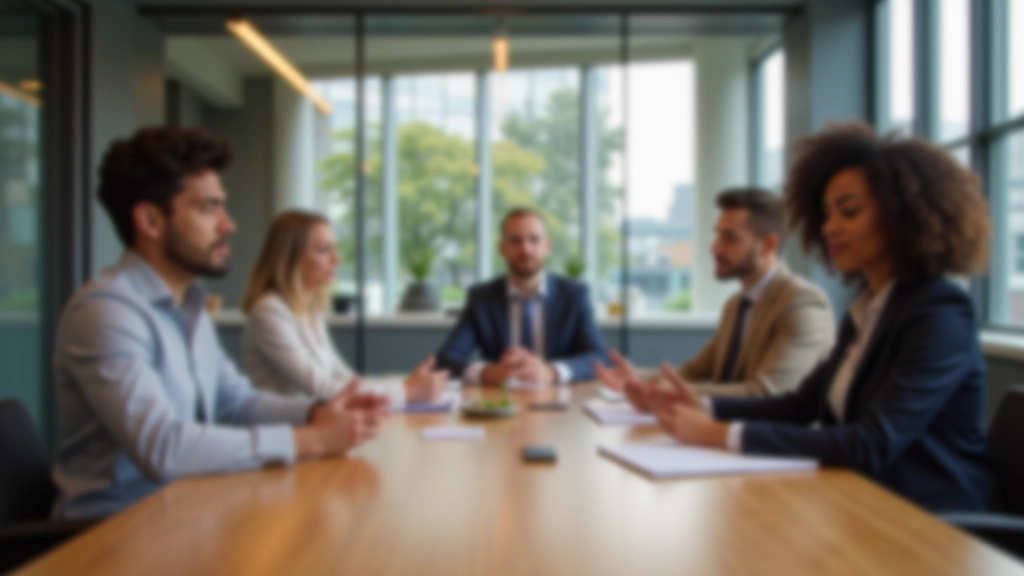 Professional team members sitting around meeting table with calm focused expressions, modern office lighting