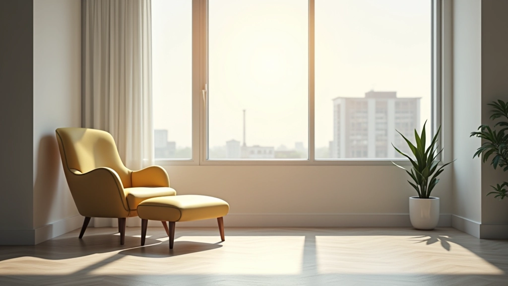 Peaceful office break room with comfortable chair, soft natural light from window, minimalist design