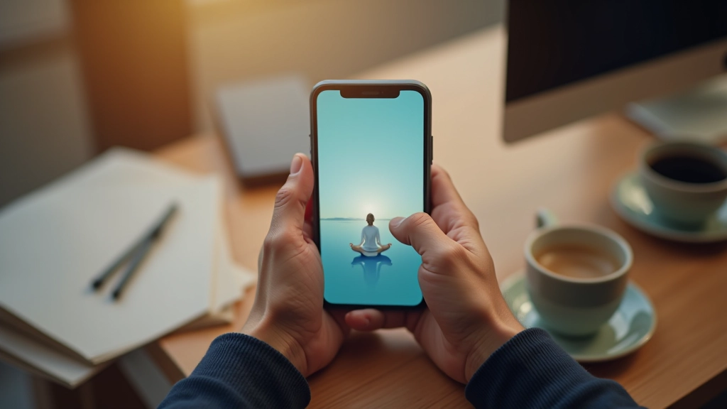 Close-up of hands holding smartphone displaying meditation app, desk with coffee and notebook