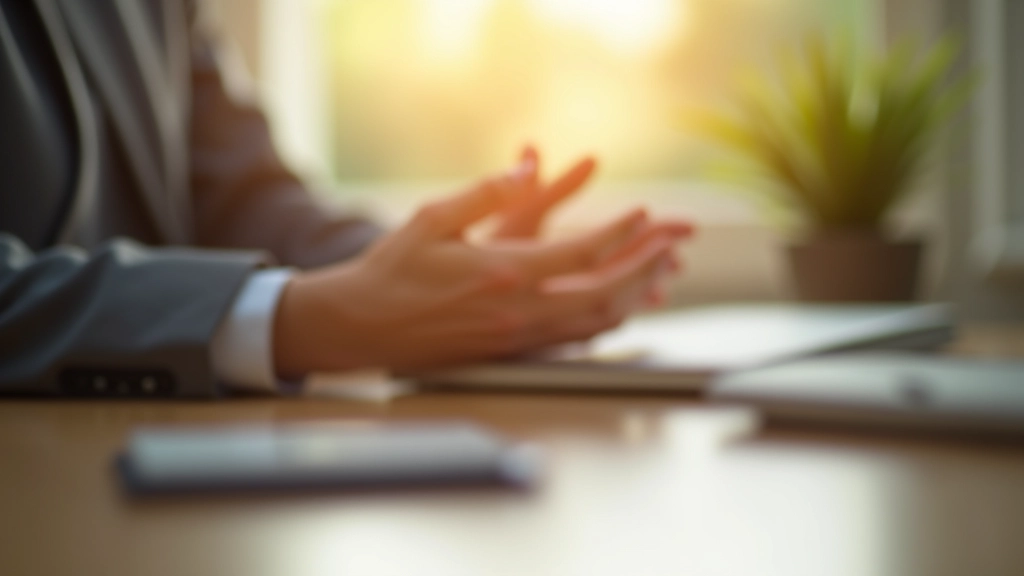 Close-up of woman's hands resting on wooden desk, morning light, peaceful expression, shallow focus on hands