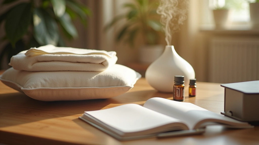 Office supplies organized on desk including cushion, blanket, essential oil diffuser, notebook, creating a meditation preparation area