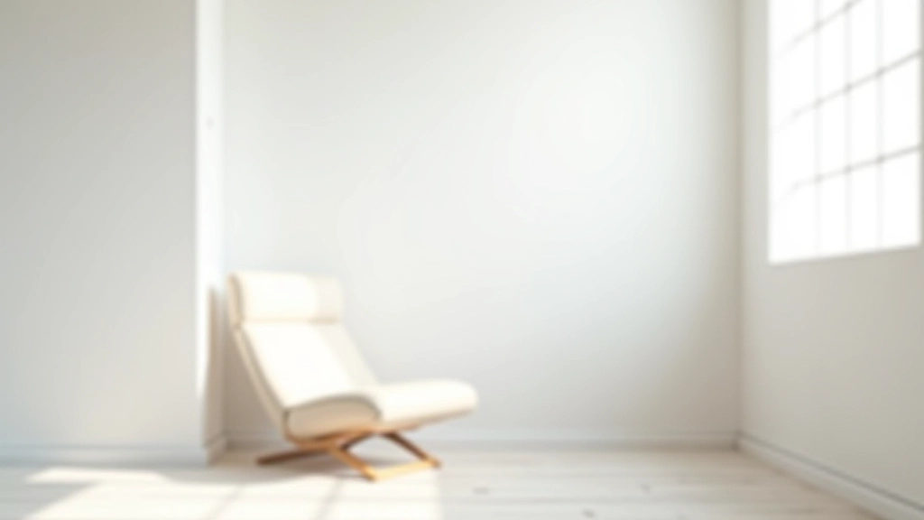 Minimalist office corner with a single comfortable chair, white walls, natural sunlight streaming through window, professional calm environment