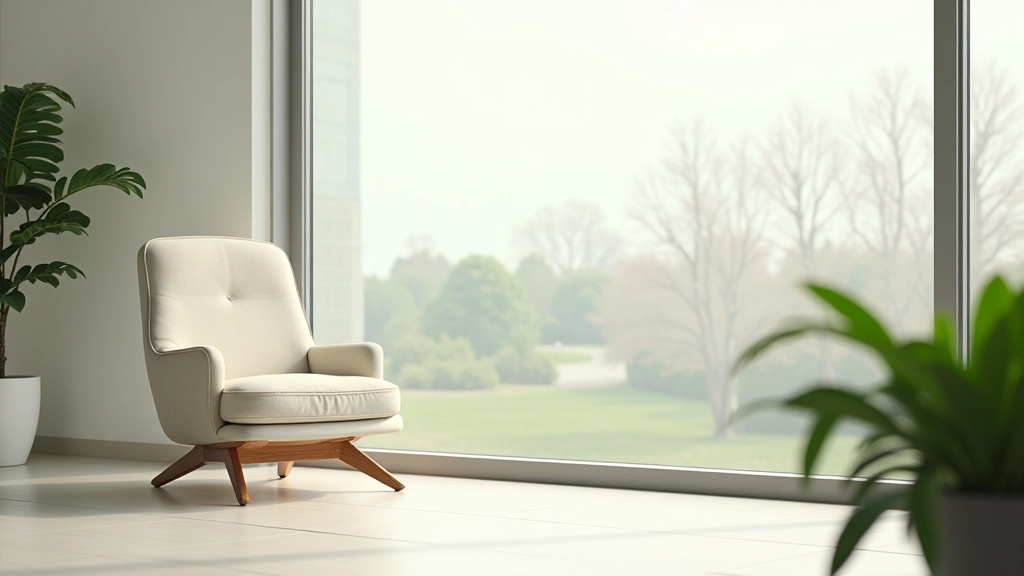 Peaceful office environment with natural light, comfortable seating area, plant near window, minimalist modern design
