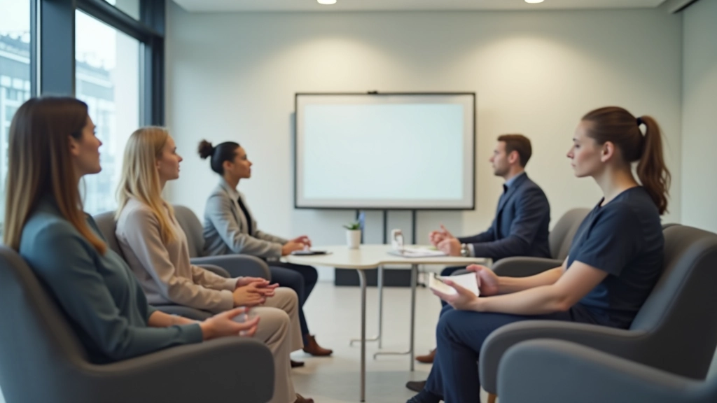 Meeting room with team members in calm focused state, relaxed posture, professional setting