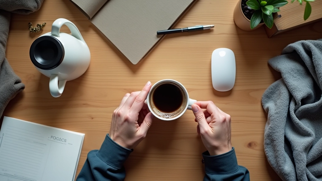 Close-up overhead view of person's hands touching various office desk textures - wood, ceramic coffee cup, smooth mouse - demonstrating tactile grounding exercise