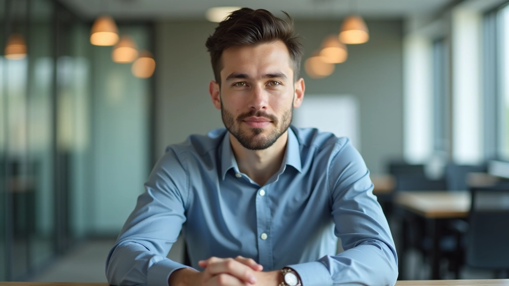 Person sitting at modern office desk, hands on lap, natural window light, focused and calm expression, business casual clothing