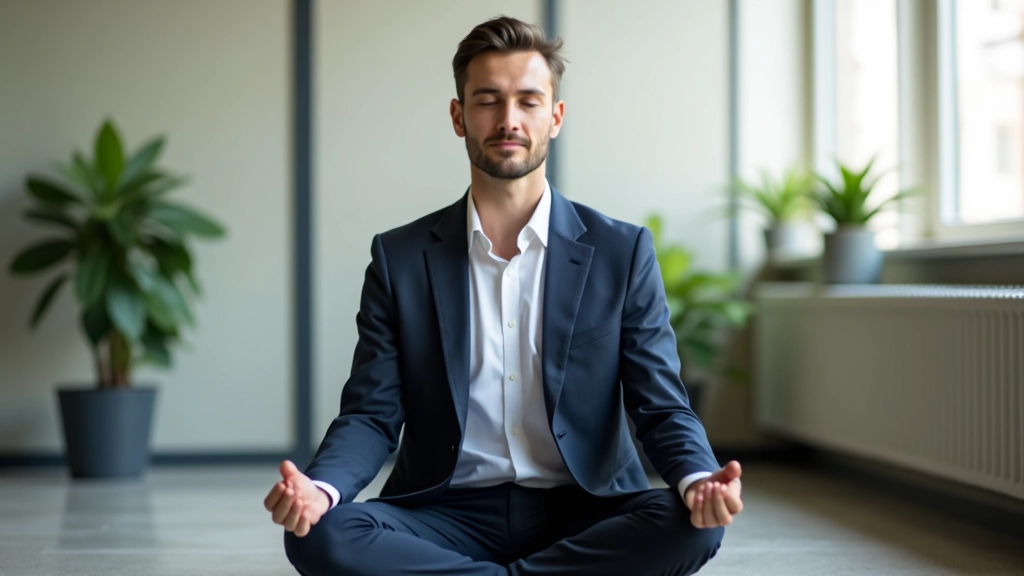 Person sitting in meditation posture in a quiet office corner, peaceful expression, professional casual clothing, natural window light