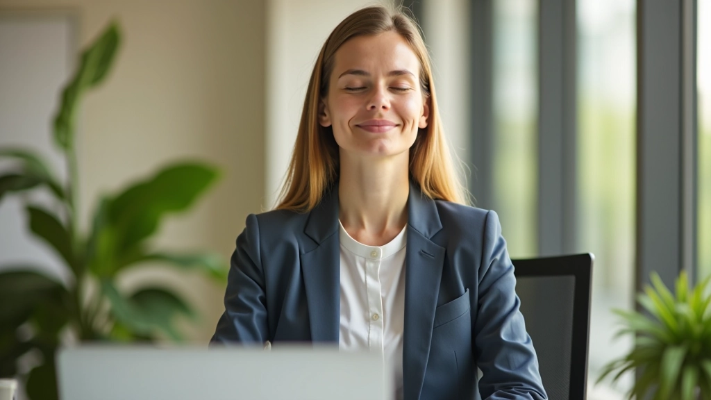 Calm office worker with eyes closed, relaxed posture at desk with plants and natural light