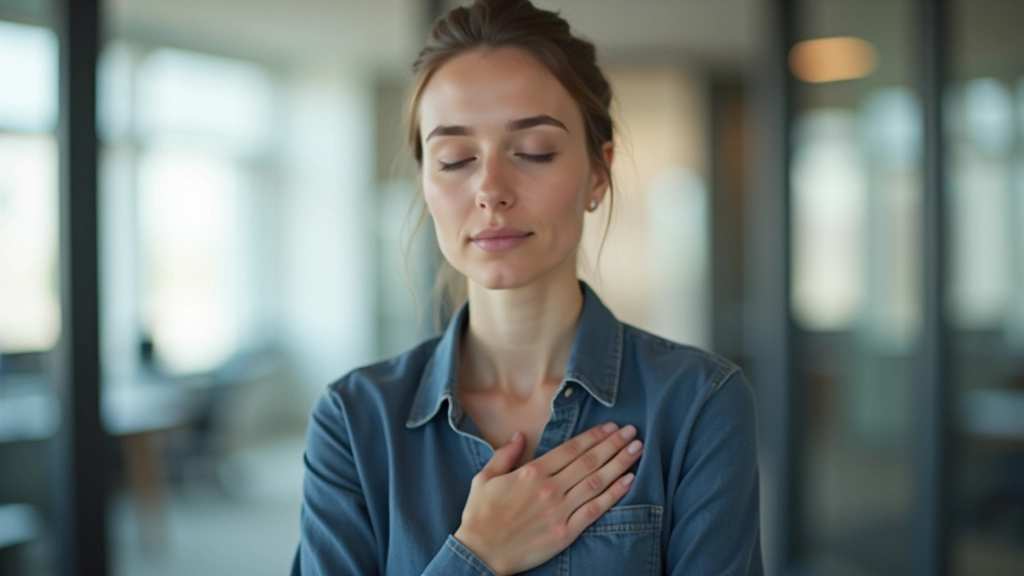 Person in office setting with hand on chest, demonstrating diaphragmatic breathing technique, relaxed shoulders, peaceful expression, soft natural lighting