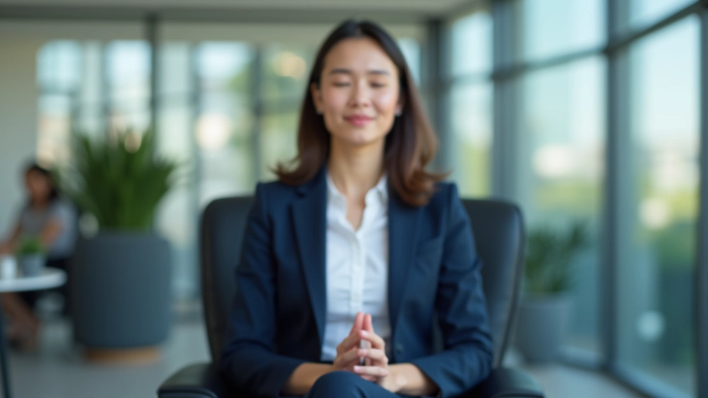 Person sitting upright in office chair with good posture, eyes closed in meditation, hands resting on thighs, professional office setting with desk in soft focus background