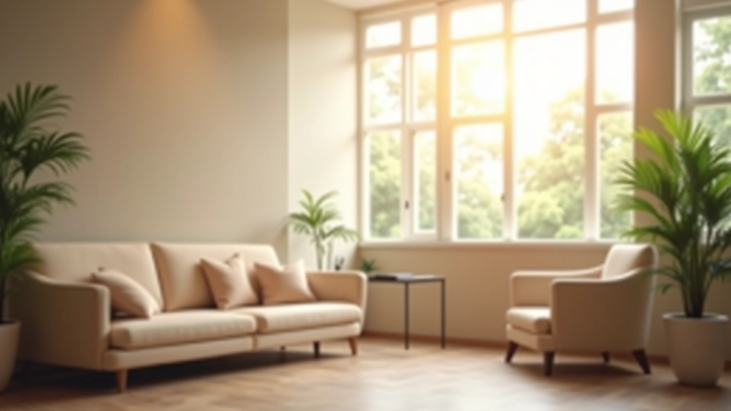 Quiet office break room with soft seating, window with garden view, neutral color scheme, peaceful atmosphere suitable for meditation