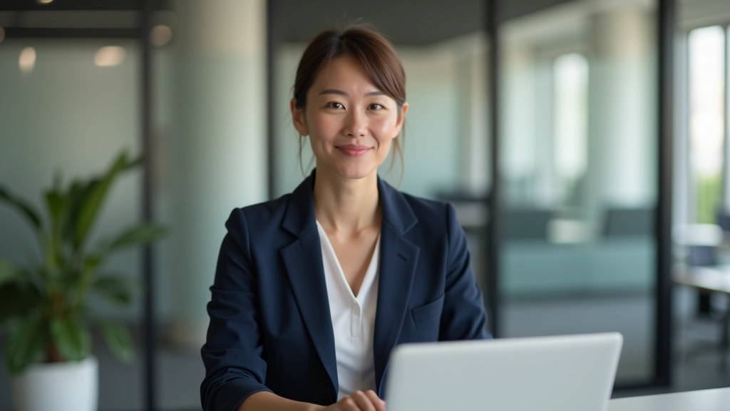 Professional woman at laptop desk, looking focused and calm, natural office lighting, hands on keyboard, peaceful workspace