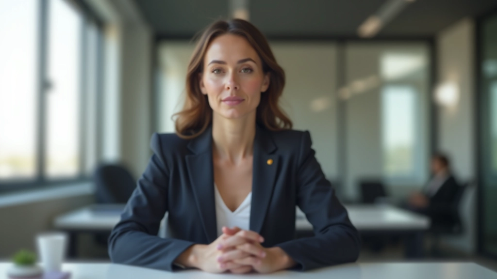 Professional woman in office setting with calm focused expression, sitting at modern desk with laptop, natural window lighting