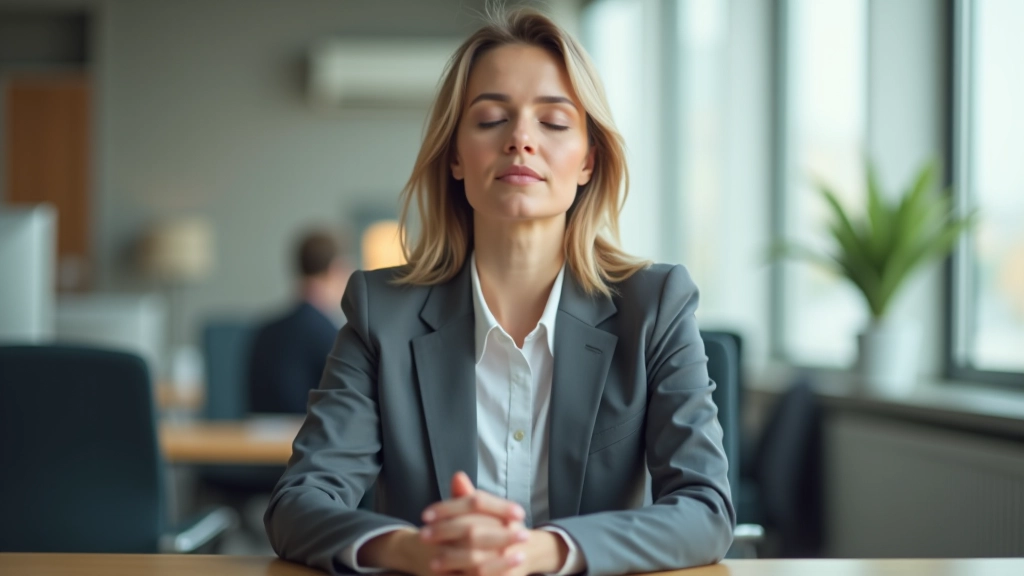 Woman sitting at desk with eyes closed, hands folded gently on lap, calm expression