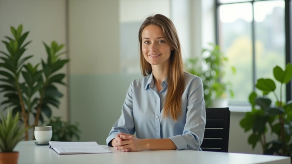 Professional woman at office desk taking a meditation break, hands resting on lap, calm expression, modern workspace with plants in background, natural window lighting